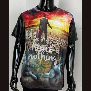 Ablanche New York Surreal Black Multi Color T-Shirt Faux Leather Sleeves XL NWT